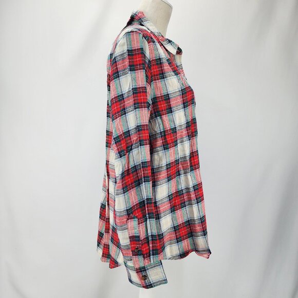 New Time & Tru Womens Large 12-14 White Red Green Plaid Button Up Flannel Shirt - Picture 5 of 11